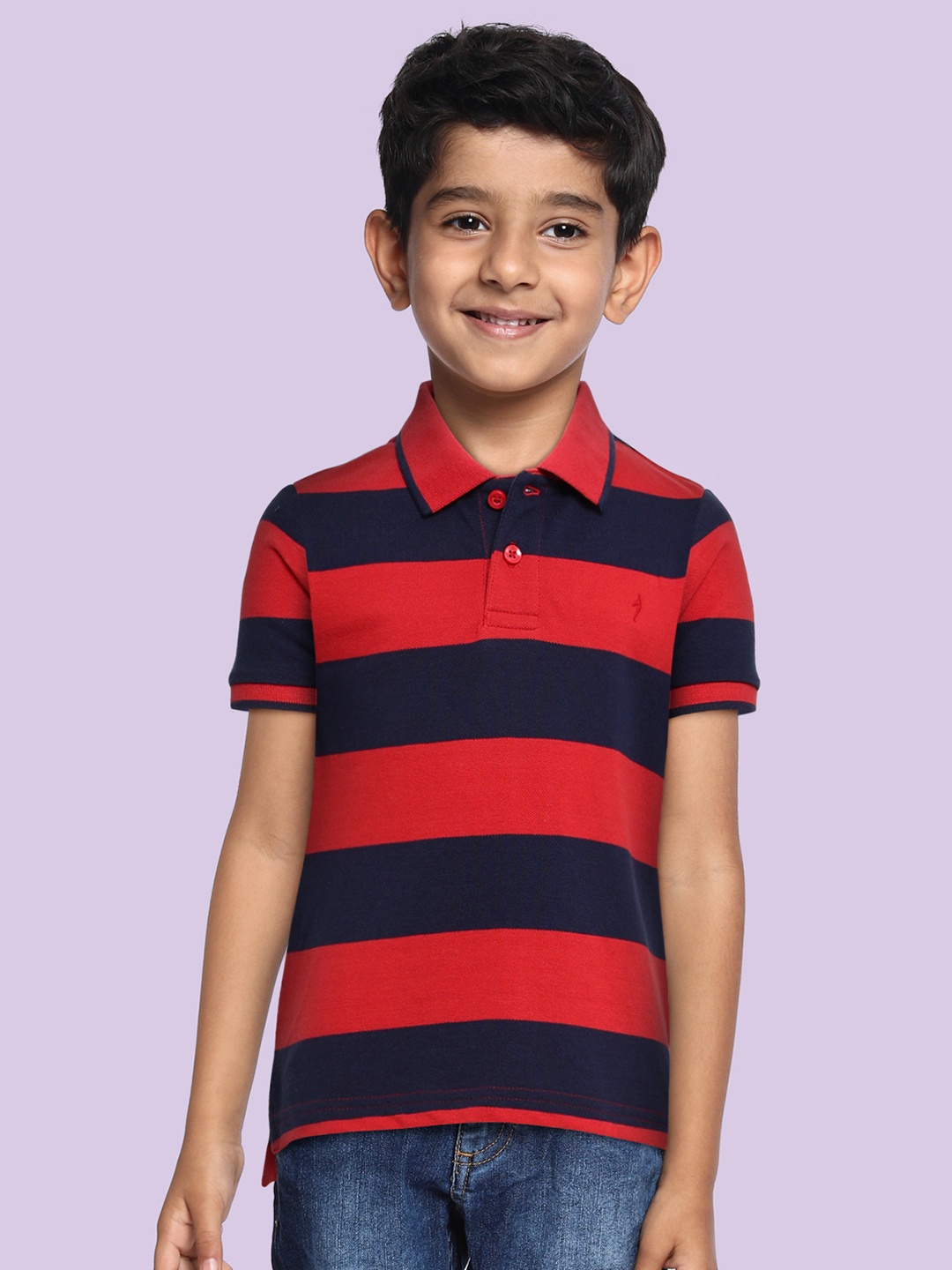 

Indian Terrain Boys Red & Navy Blue Striped Polo Collar Pure Cotton T-shirt