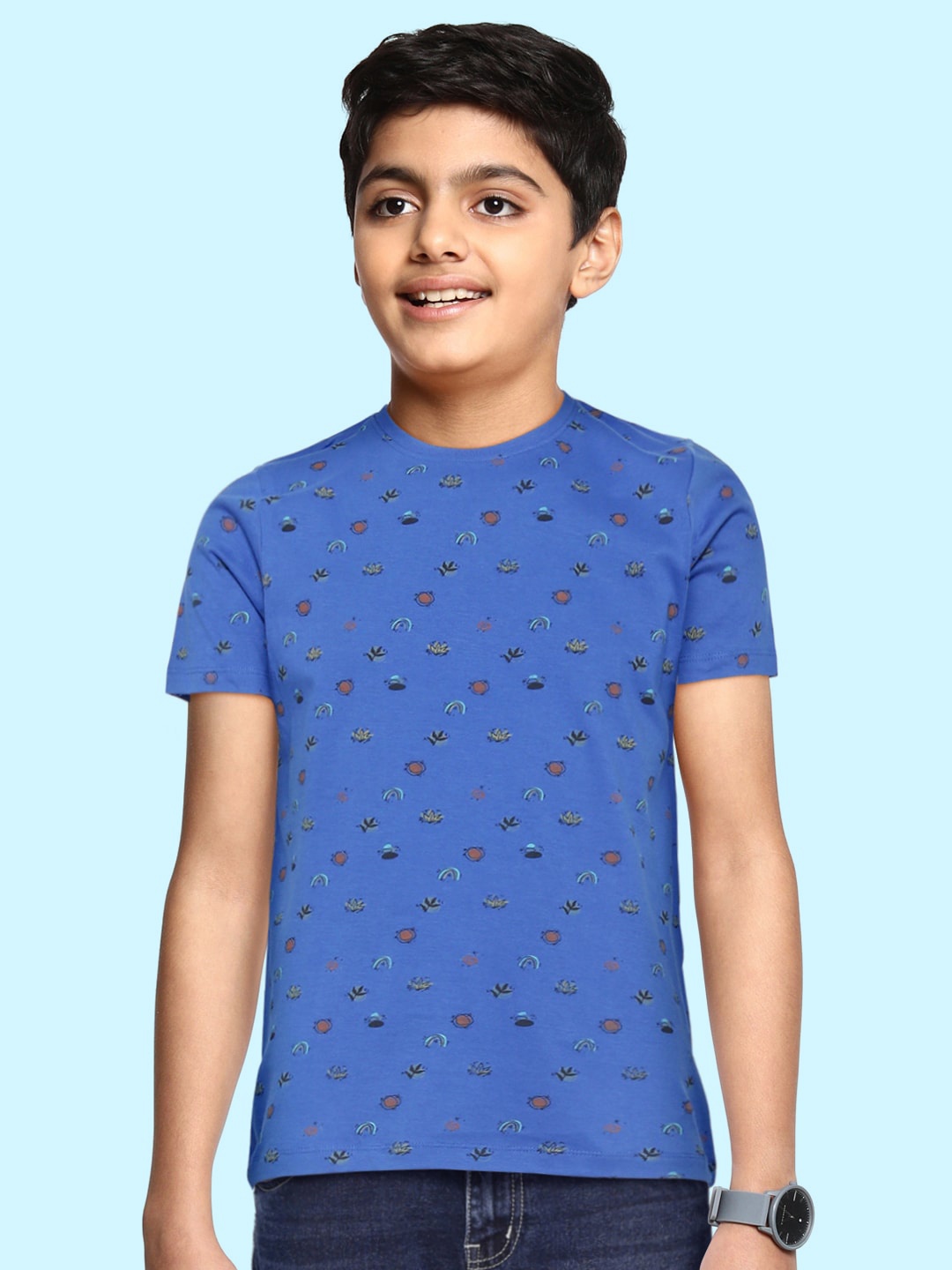 

Indian Terrain Boys Blue & Brown Printed Pure Cotton T-shirt