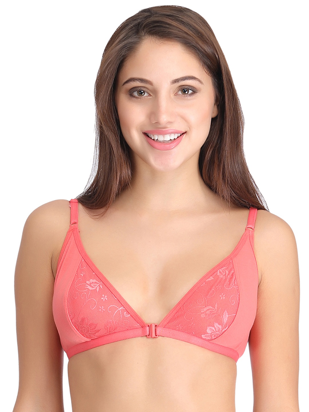 

Clovia Cotton Rich Non-Padded Front Open Plunge Bra, Pink