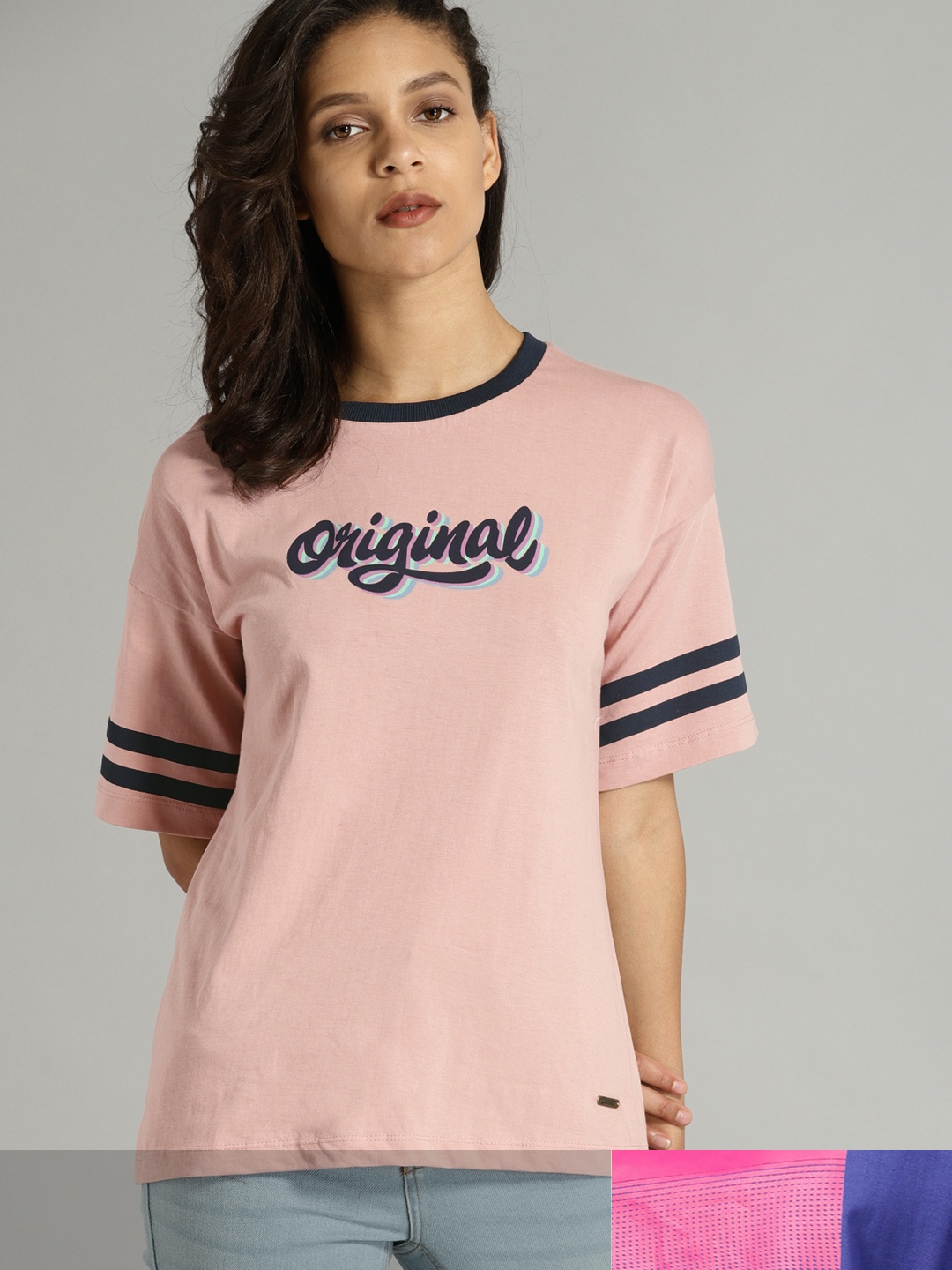 

Roadster Women Pack of 2 Printed Cotton T-shirt, Peach