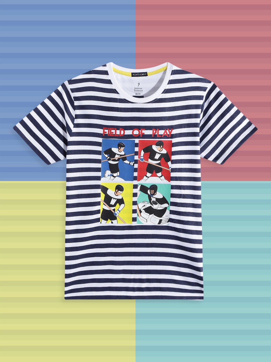 

Indian Terrain Boys White & Navy Blue Striped & Graphic Print Cotton T-shirt
