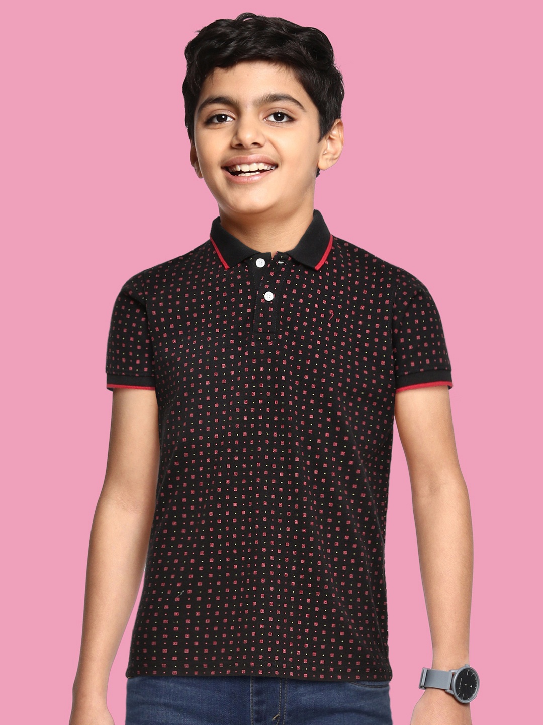 

Indian Terrain Boys Black Printed Polo Collar Anti Static Sustainable T-shirt