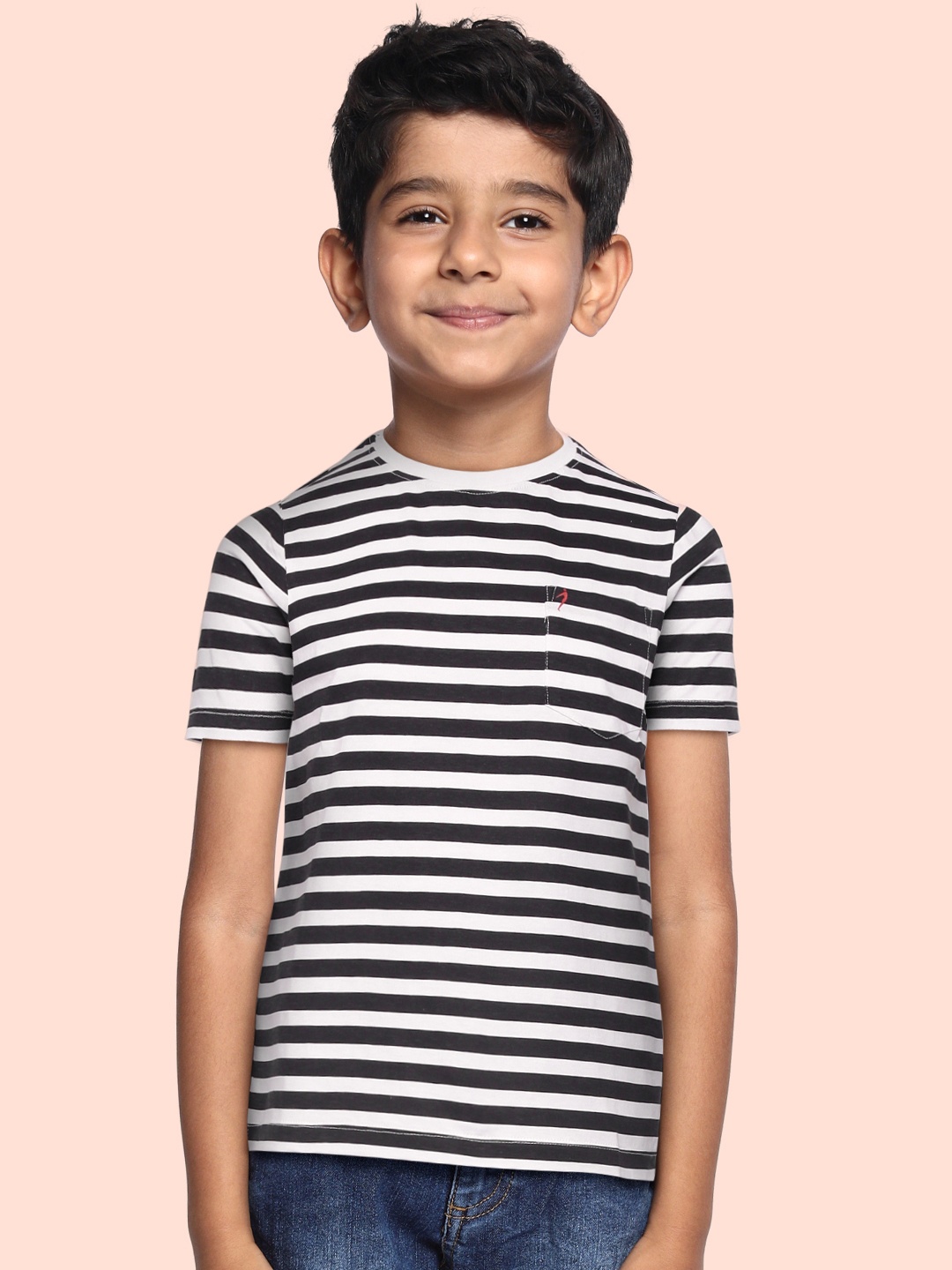 

Indian Terrain Boys Black & White Striped Monochrome Cotton T-shirt