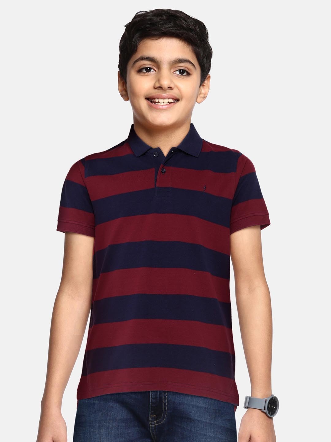 

Indian Terrain Boys Maroon & Navy Blue Striped Polo Collar Cotton T-shirt