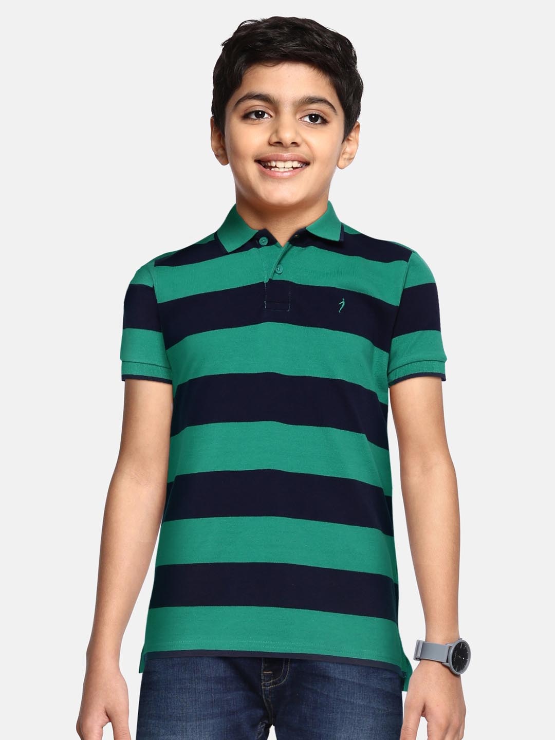 

Indian Terrain Boys Green & Navy Blue Striped Polo Collar Cotton T-shirt