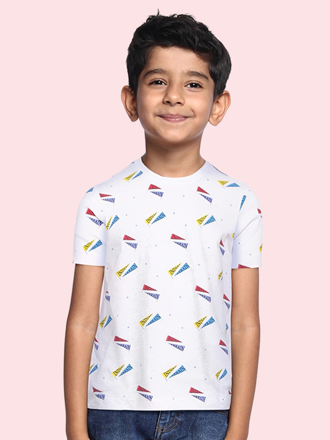 

Indian Terrain Boys White & Blue Brand Logo Print Pure Cotton T-shirt