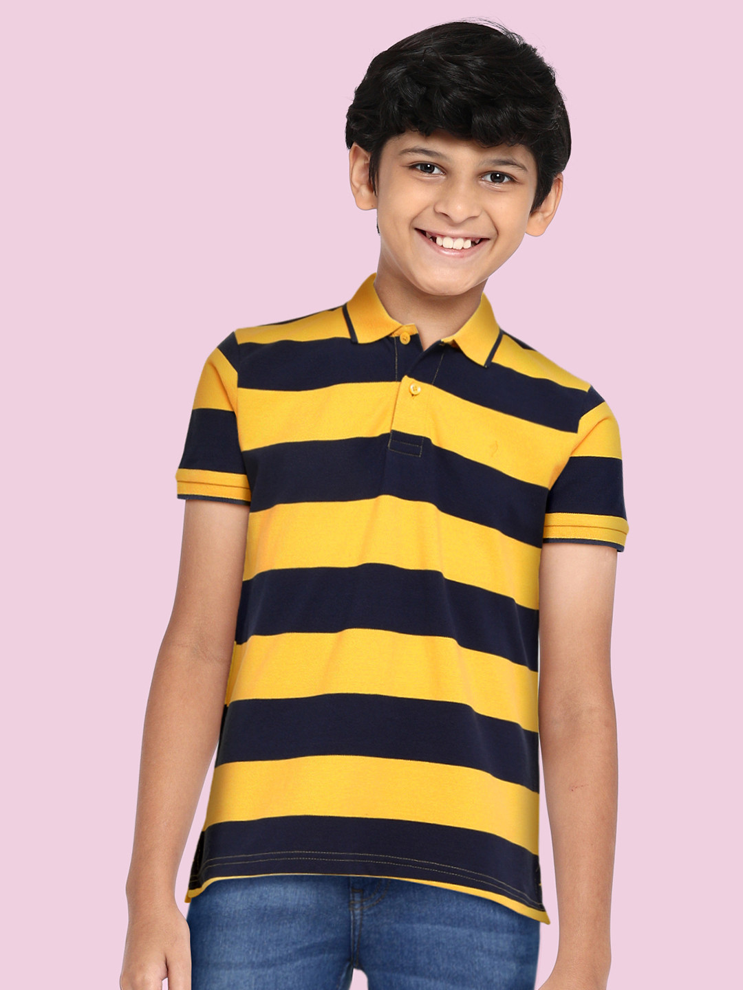 

Indian Terrain Boys Yellow & Blue Striped Polo Collar Pure Cotton T-shirt