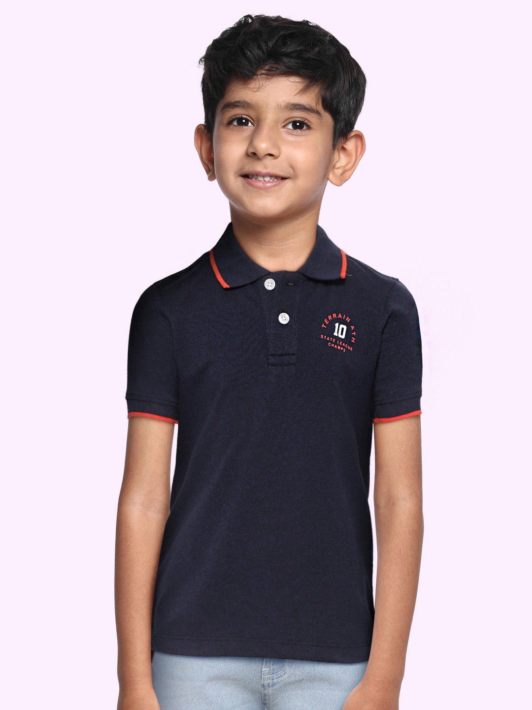 

Indian Terrain Boys Navy Blue Polo Collar Solid T-shirt