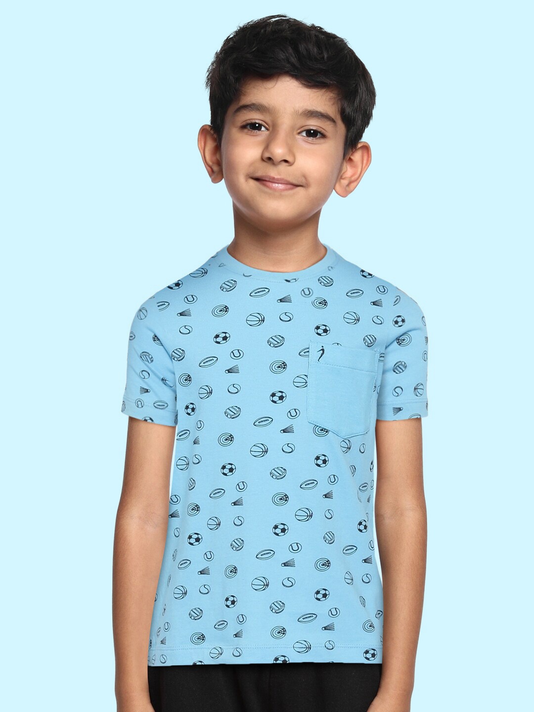 

Indian Terrain Boys Blue & Black Printed Pure Cotton T-shirt