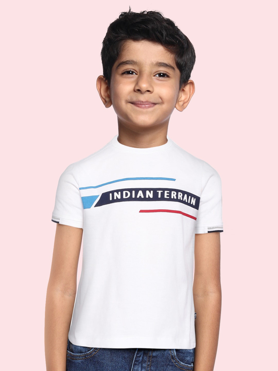 

Indian Terrain Boys White & Blue Brand Logo Printed Pure Cotton T-shirt