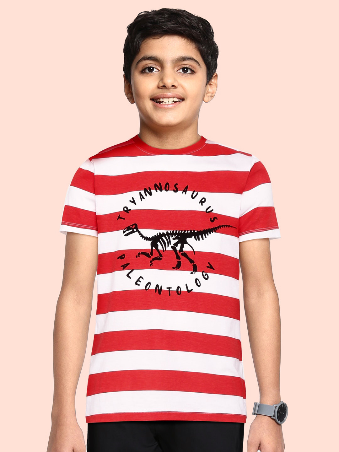 

Indian Terrain Boys Red & White Striped Pure Cotton T-shirt