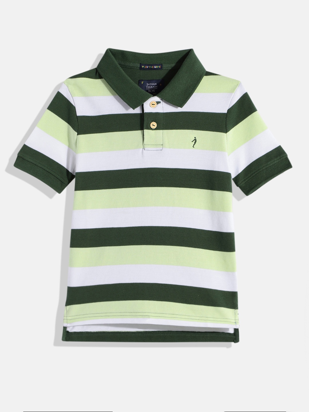 

Indian Terrain Boys Striped Polo Collar Pure Cotton T-shirt, Green