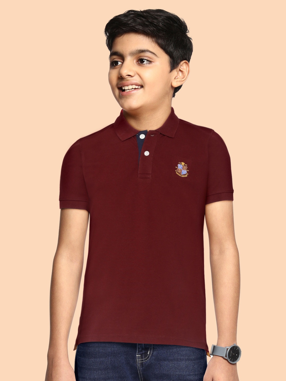 

Indian Terrain Boys Maroon Solid Anti-Static Polo Collar T-shirt