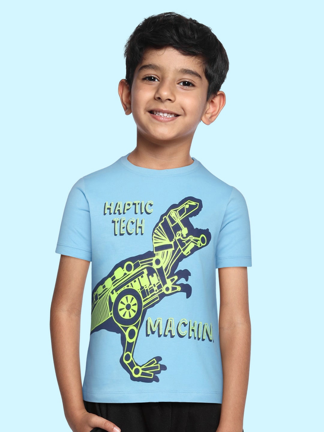 

Indian Terrain Boys Blue & Neon Green Printed Pure Cotton T-shirt