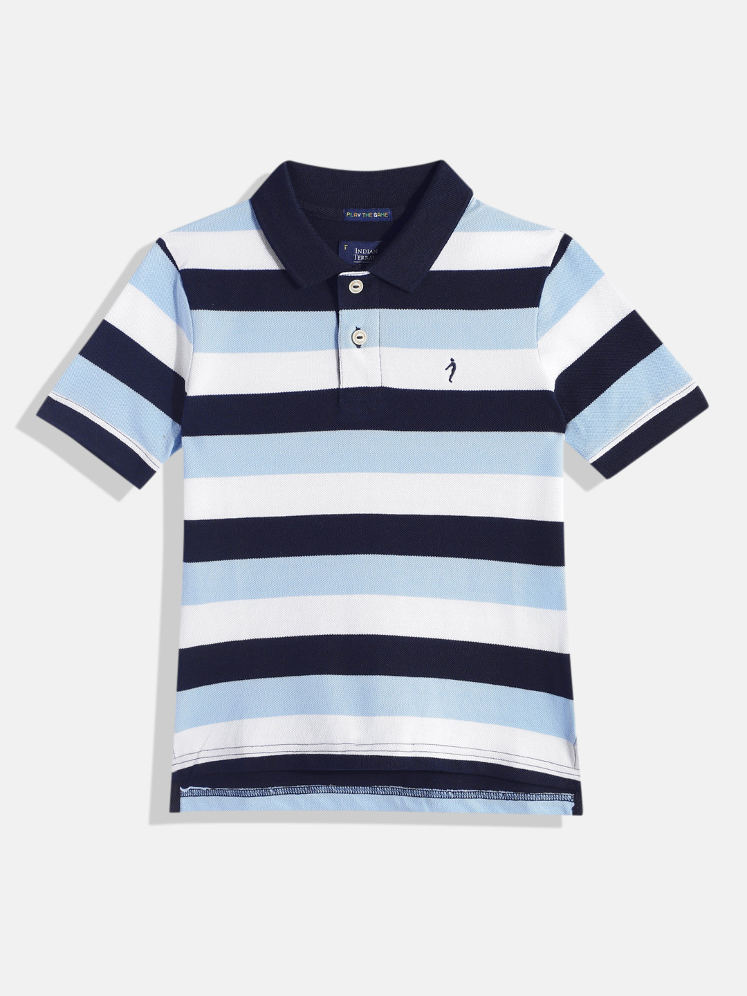 

Indian Terrain Boys Striped Polo Collar Pure Cotton T-shirt, Navy blue
