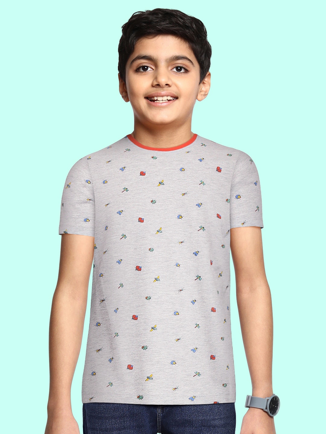 

Indian Terrain Boys Grey Melange & Blue Printed T-shirt