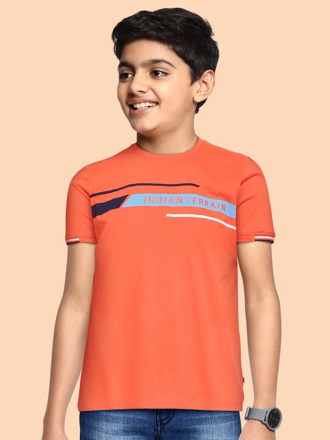

Indian Terrain Boys Orange & Blue Brand Logo Print Pure Cotton T-shirt