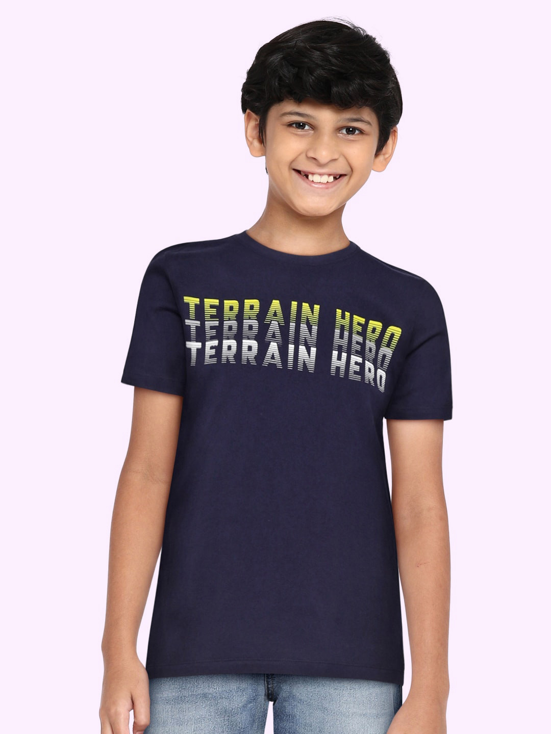

Indian Terrain Boys Navy Blue & White Typography Printed Pure Cotton T-shirt