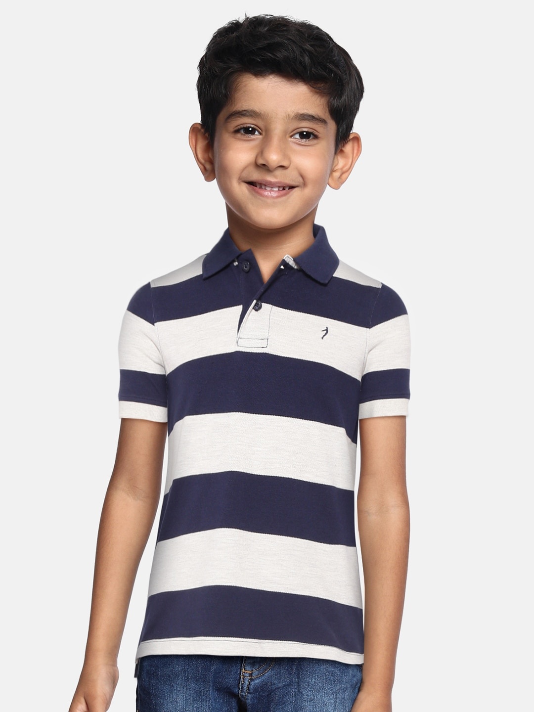 

Indian Terrain Boys Navy Blue & Grey Melange Striped Polo Collar Pure Cotton T-shirt