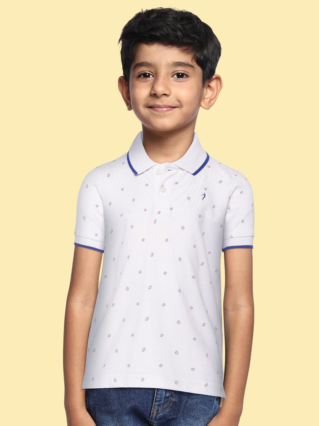 

Indian Terrain Boys White & Blue Ditsy Printed Polo Collar T-shirt