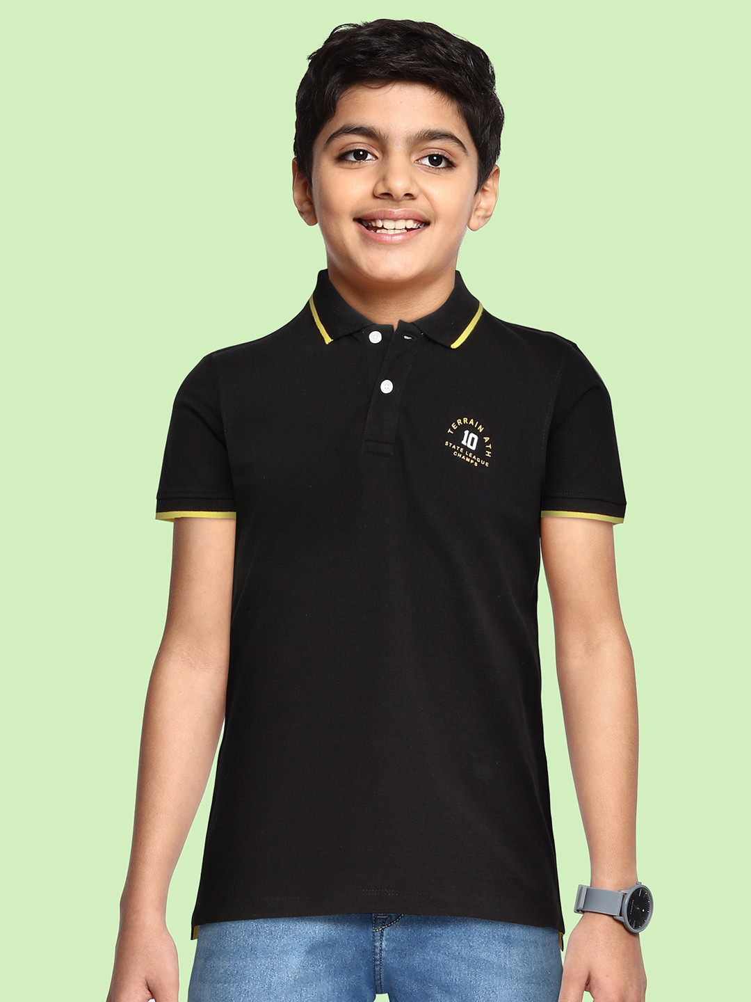 

Indian Terrain Boys Black Polo Collar Anti Static Sustainable T-shirt