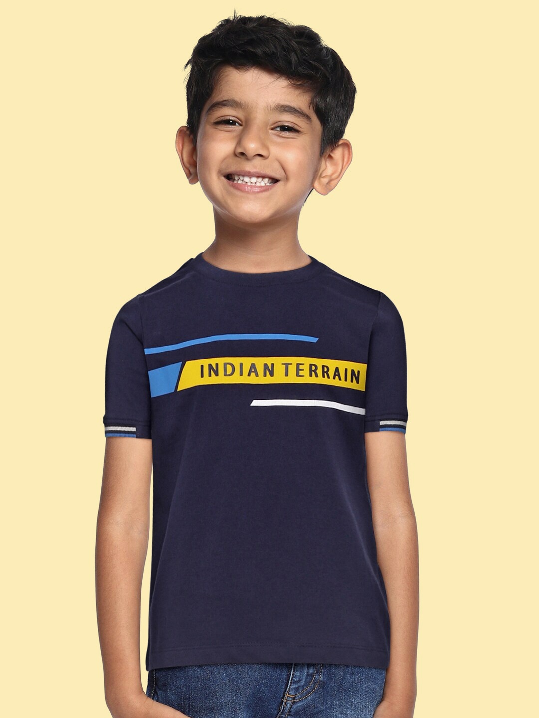 

Indian Terrain Boys Navy Blue Brand Logo Print Pure Cotton T-shirt