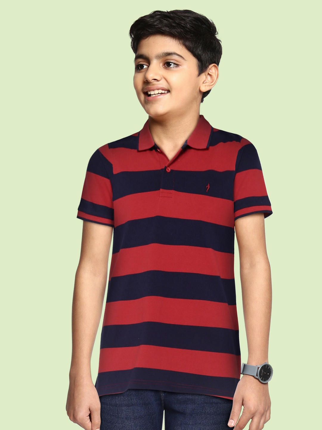 

Indian Terrain Boys Red & Navy Blue Striped Polo Collar Pure Cotton T-shirt