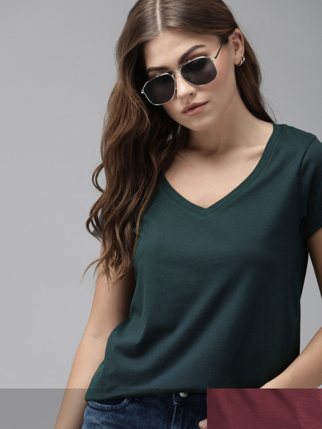 

Roadster Women Pack of 2 Solid Cotton T-shirt, Green