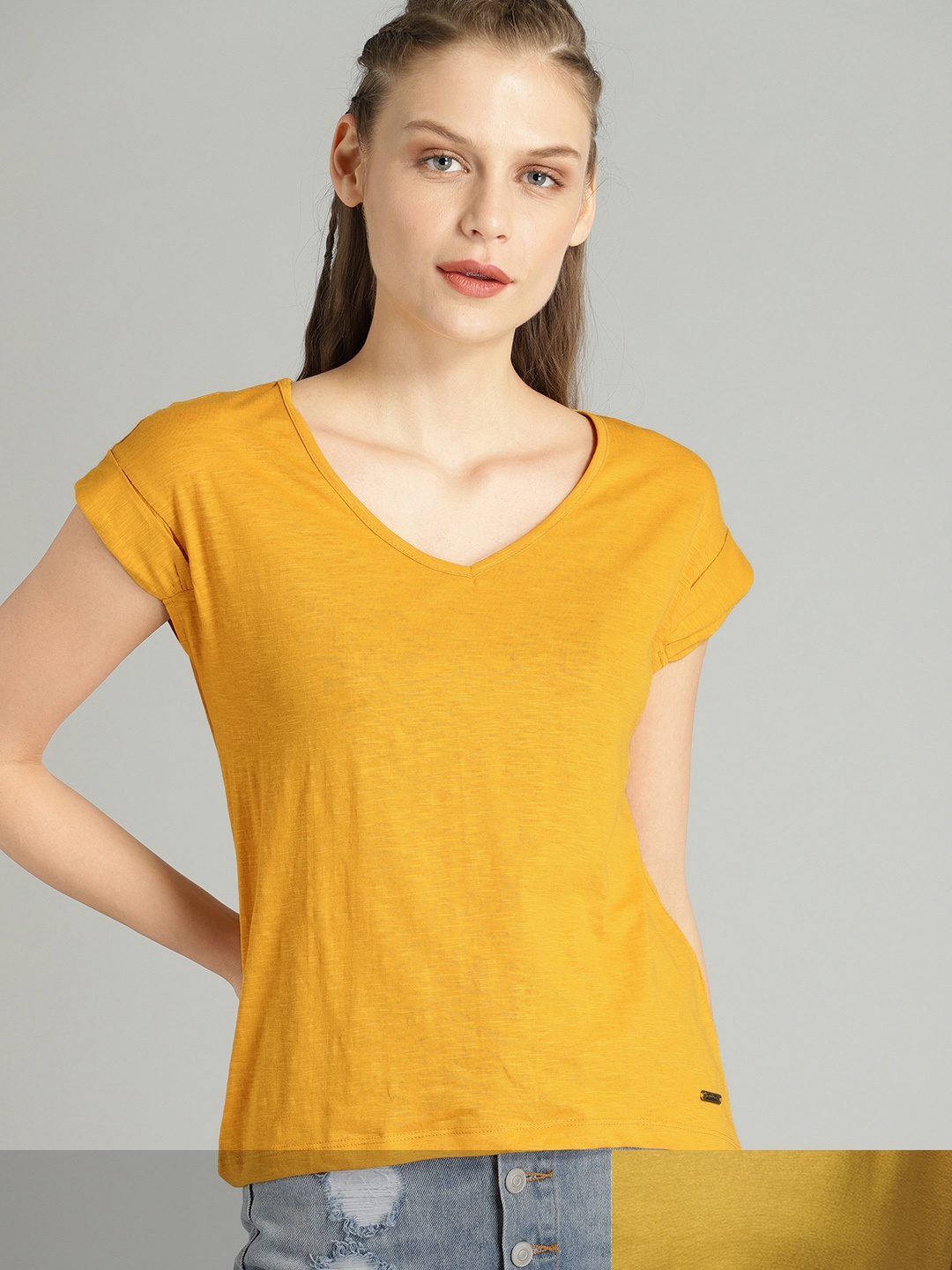 

Roadster Women Pack of 2 Mustard Yellow Solid Cotton T-shirt