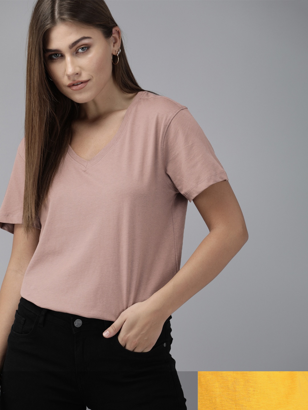 

Roadster Women Pack of 2 Solid Cotton T-shirt, Mustard