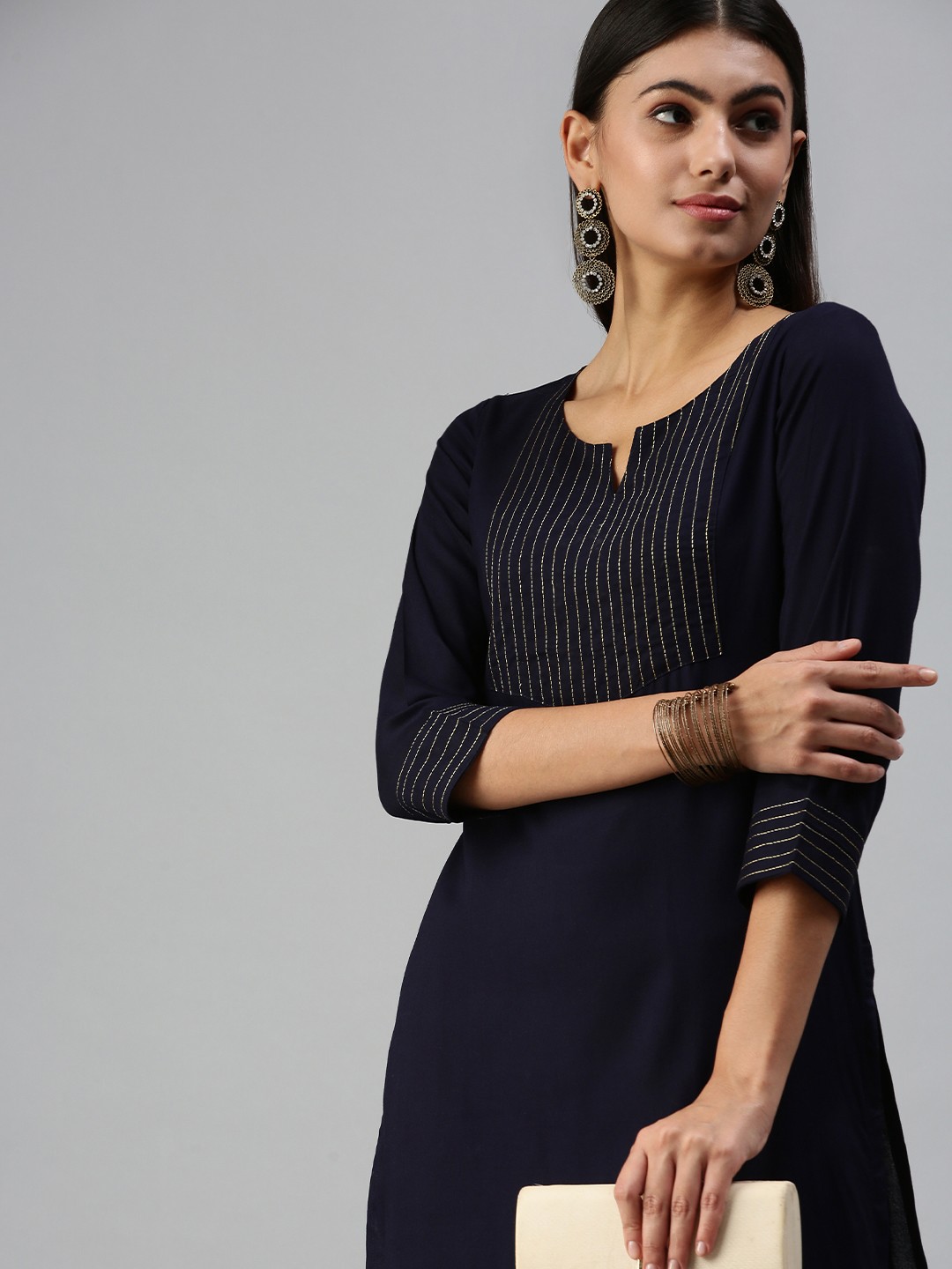 

SHOWOFF Women Navy Blue Thread Work Cotton Kurta