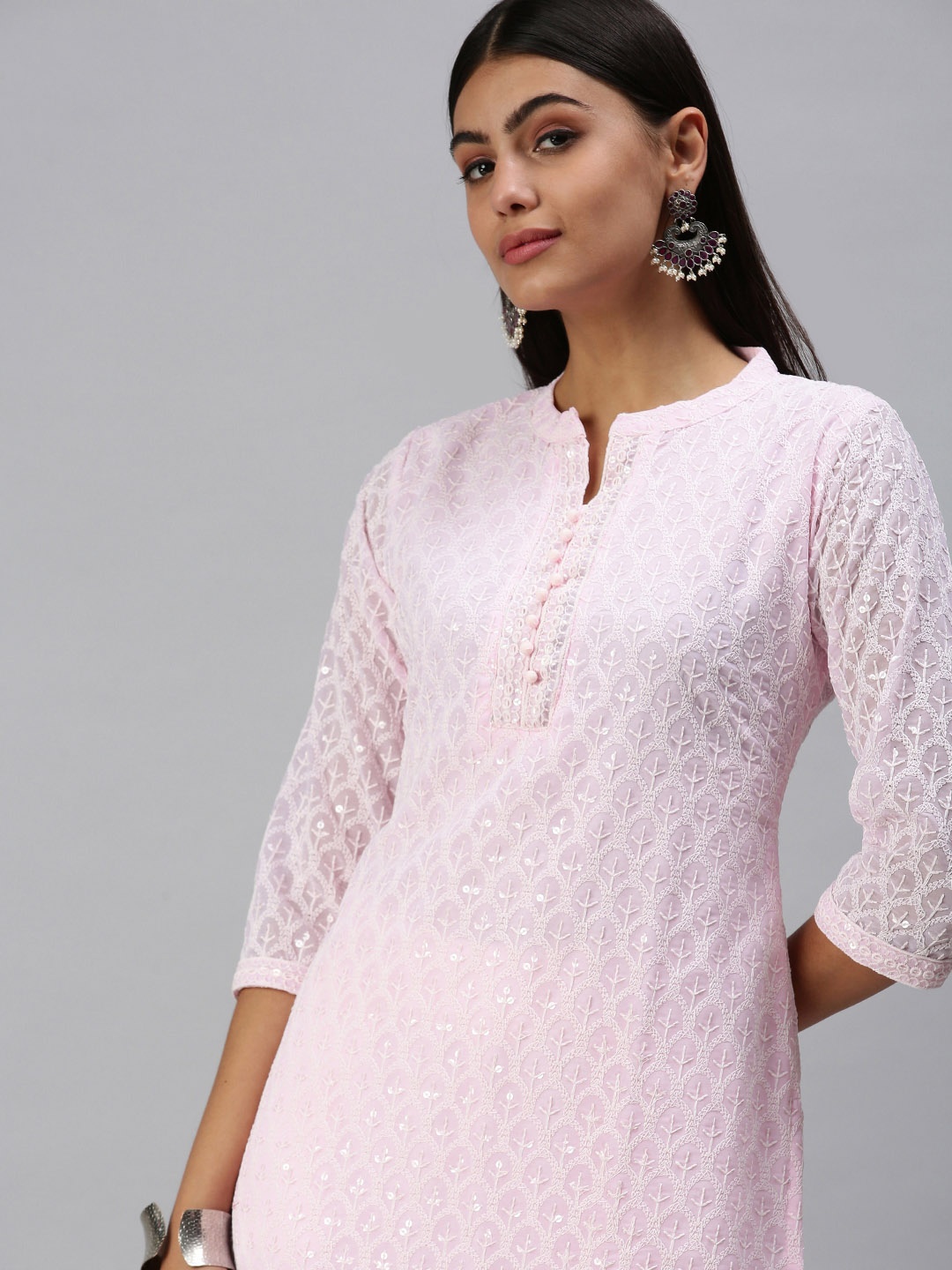

SHOWOFF Women Pink & White Ethnic Motifs Embroidered Chikankari Kurta