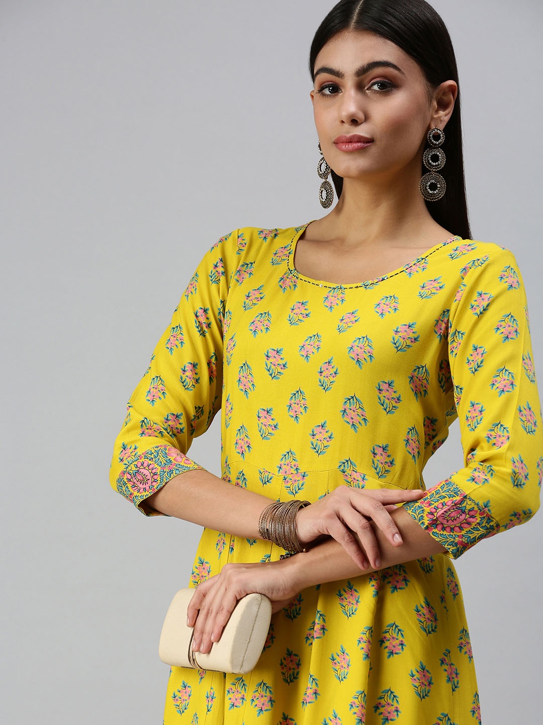 

SHOWOFF Women Yellow & Pink Ethnic Motifs Printed Thread Work Anarkali Kurta