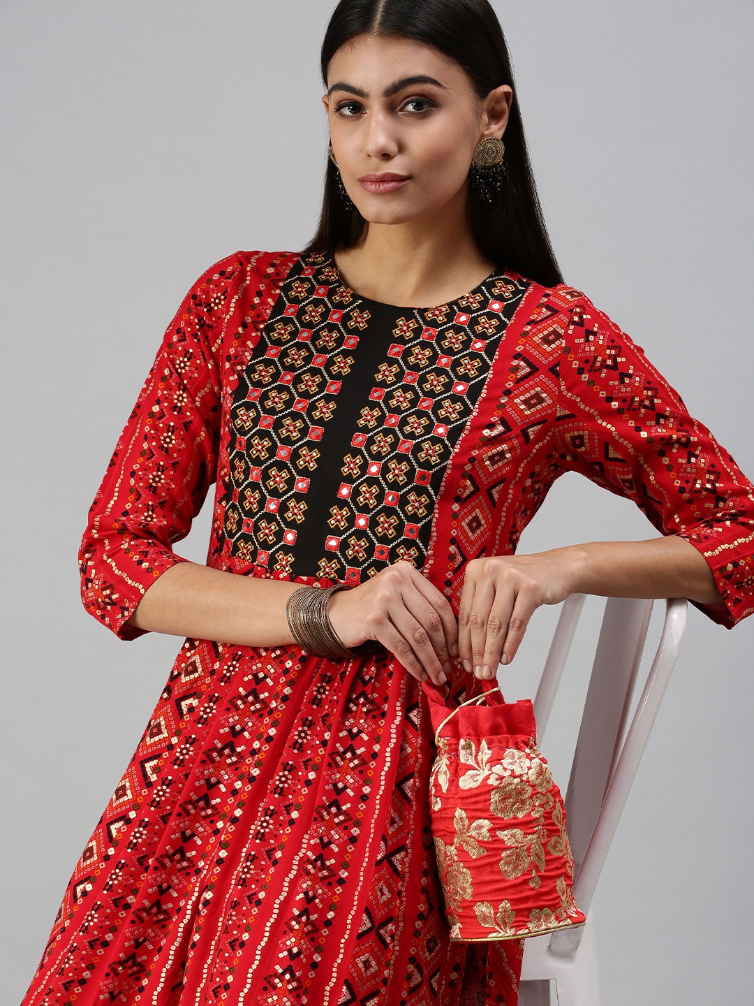 

SHOWOFF Women Red Floral Printed Cotton Kurta