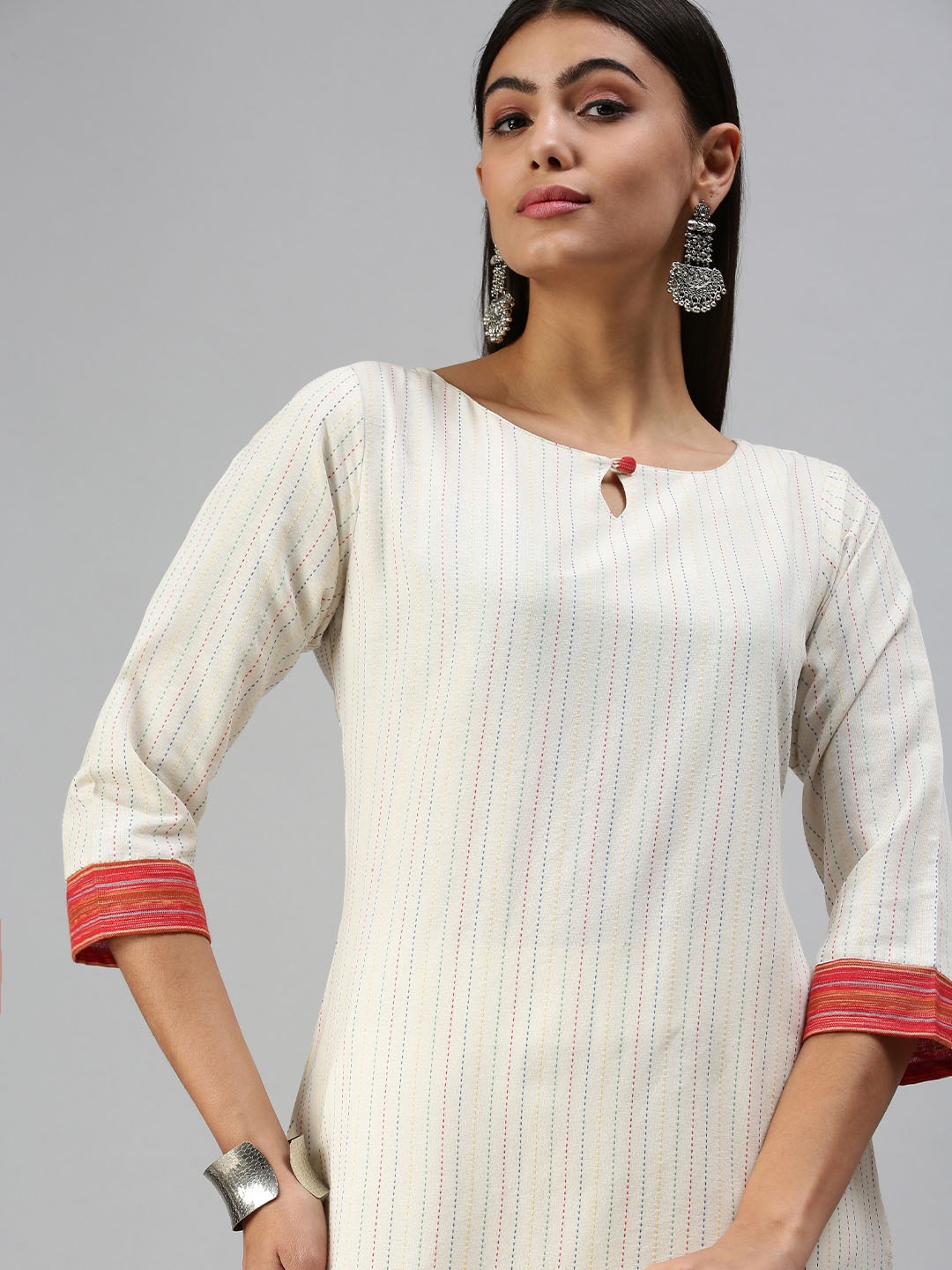 

SHOWOFF Women White Striped Keyhole Neck Kurta