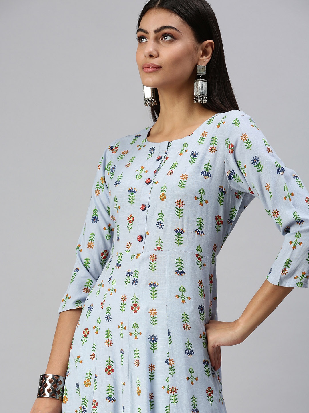

SHOWOFF Women Blue & Green Ethnic Motifs Printed Cotton Anarkali Kurta