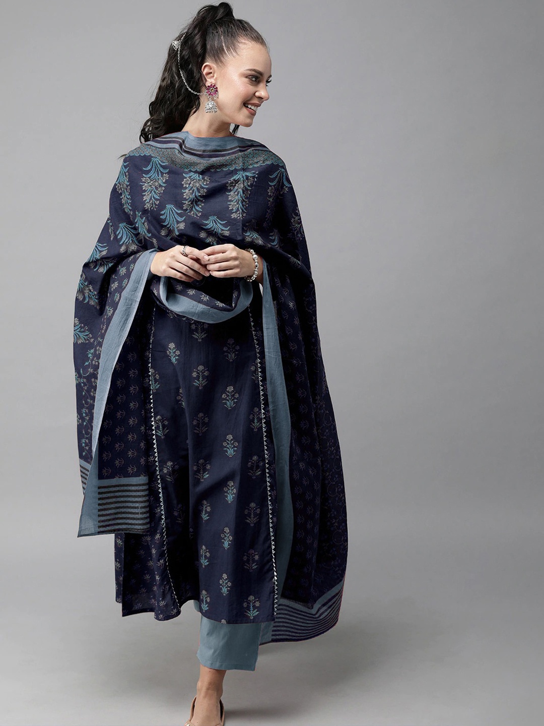 

Indo Era Women Navy Blue Ethnic Motifs Printed Panelled Kurta Set With Dupatta