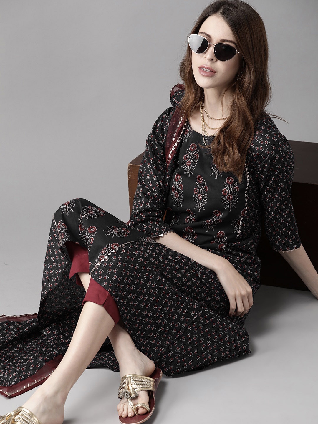 

Indo Era Women Black Ethnic Motifs Printed Pure Cotton Kurta with Trousers