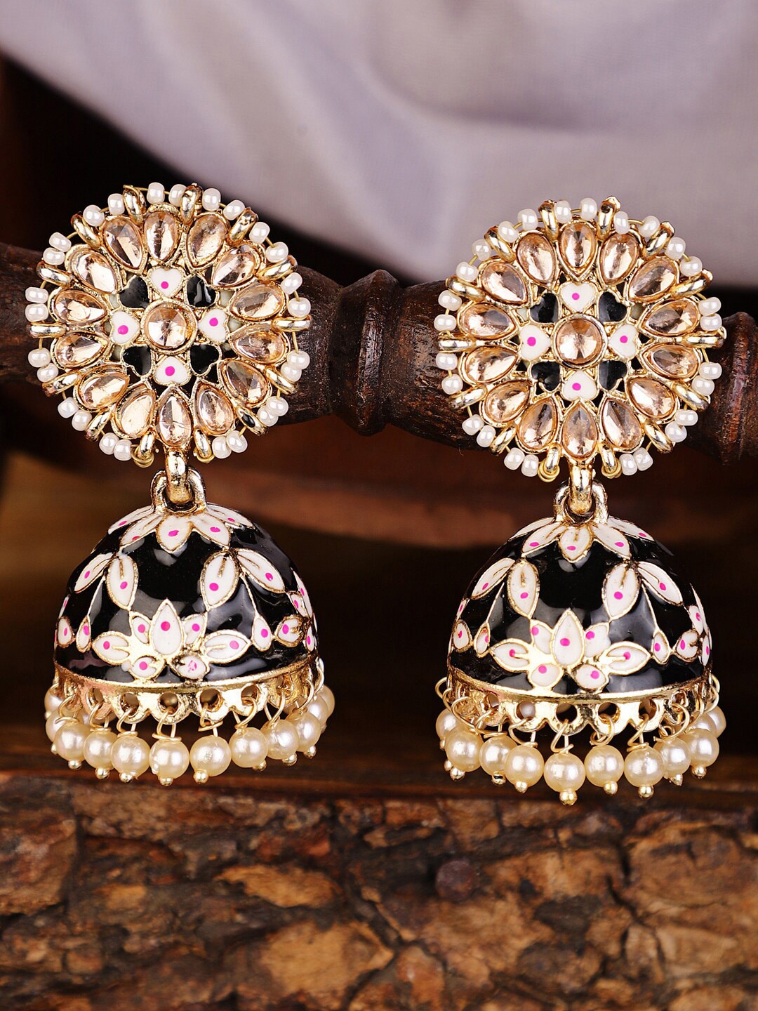 

Shining Diva Gold-Plated Black & White Dome Shaped Jhumkas