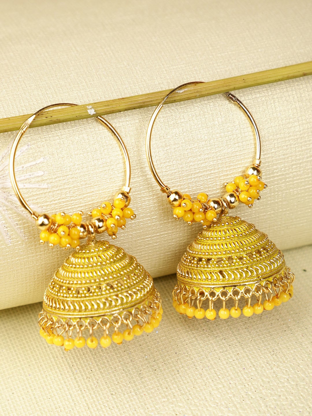 

Shining Diva Yellow Artificial Stones & Beads Contemporary Jhumkas Earrings
