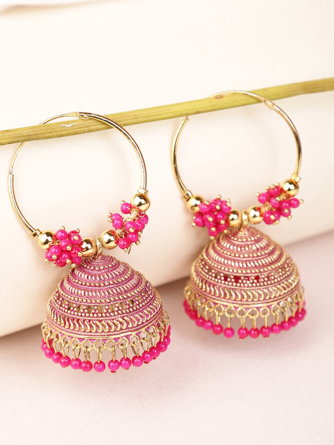 

Shining Diva Gold-Plated & Pink Dome Shaped Jhumkas