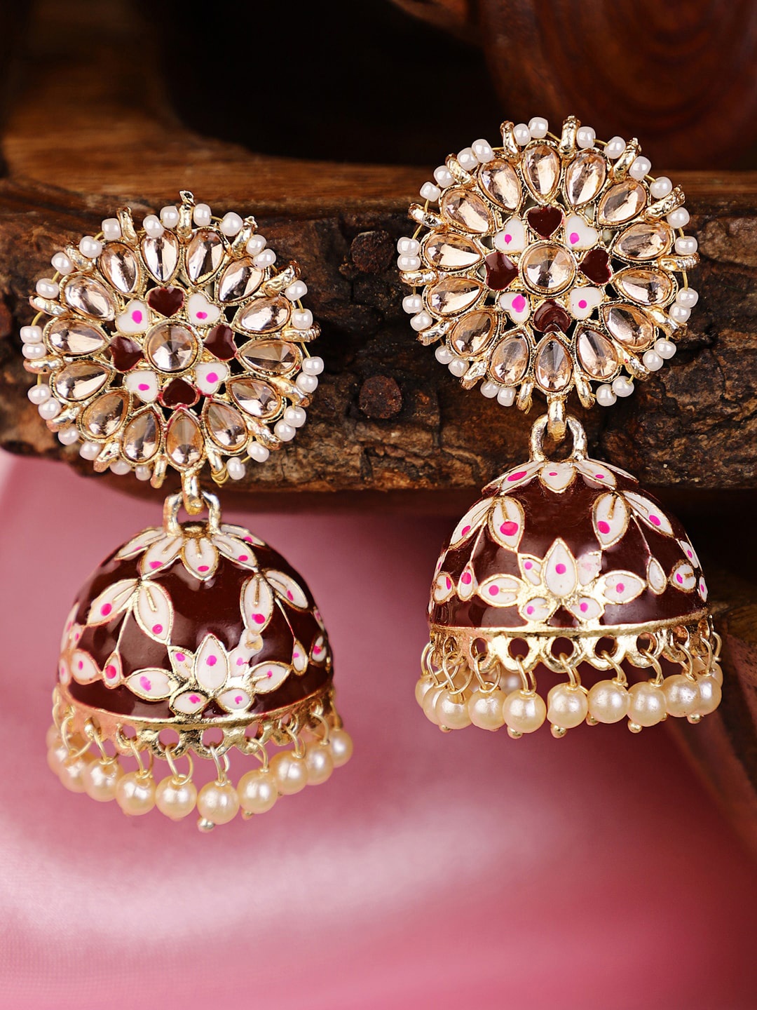 

Shining Diva Maroon Meenakari Jhumkas Earrings