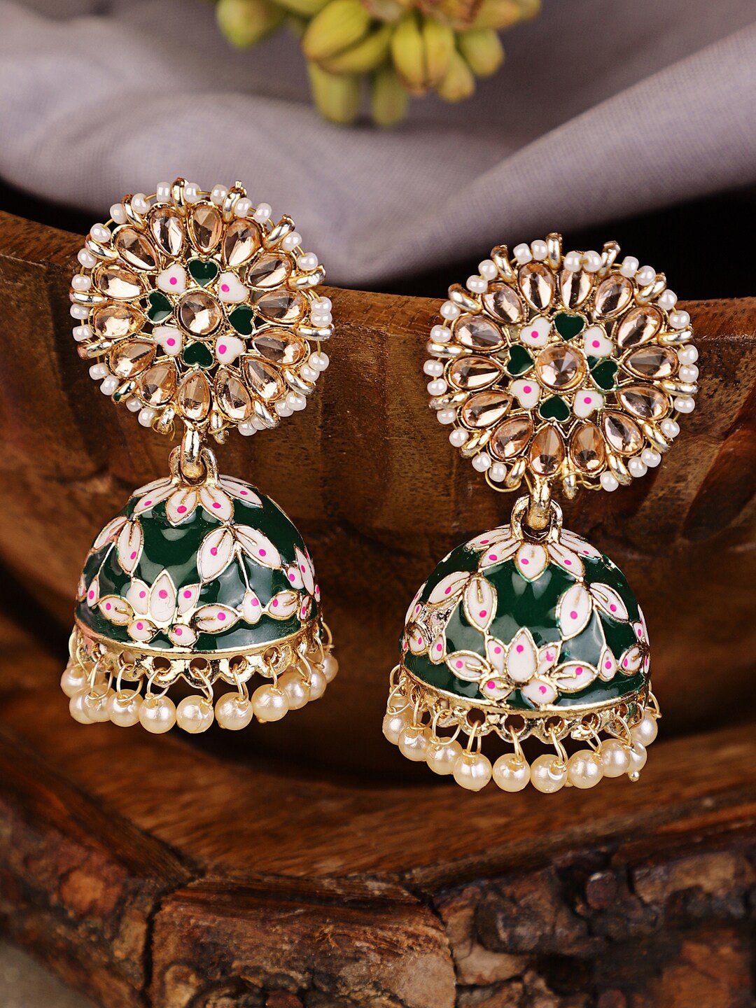 

Shining Diva Green & Pearls Contemporary Jhumkas Earrings