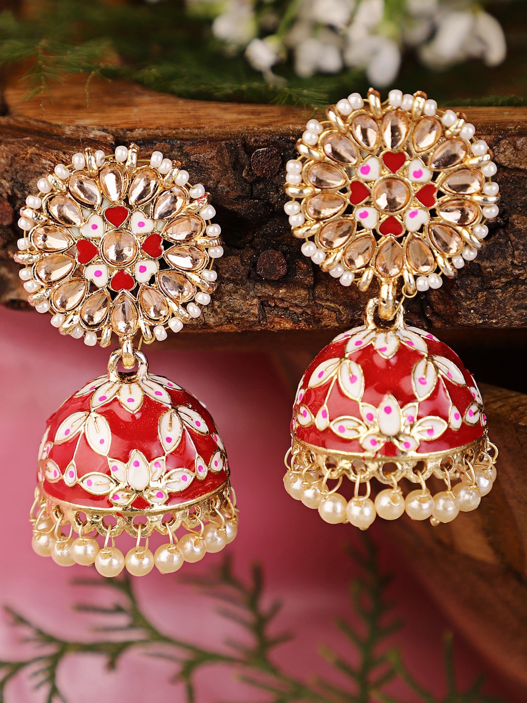 

Shining Diva Gold-Plated Red & White Dome Shaped Jhumkas