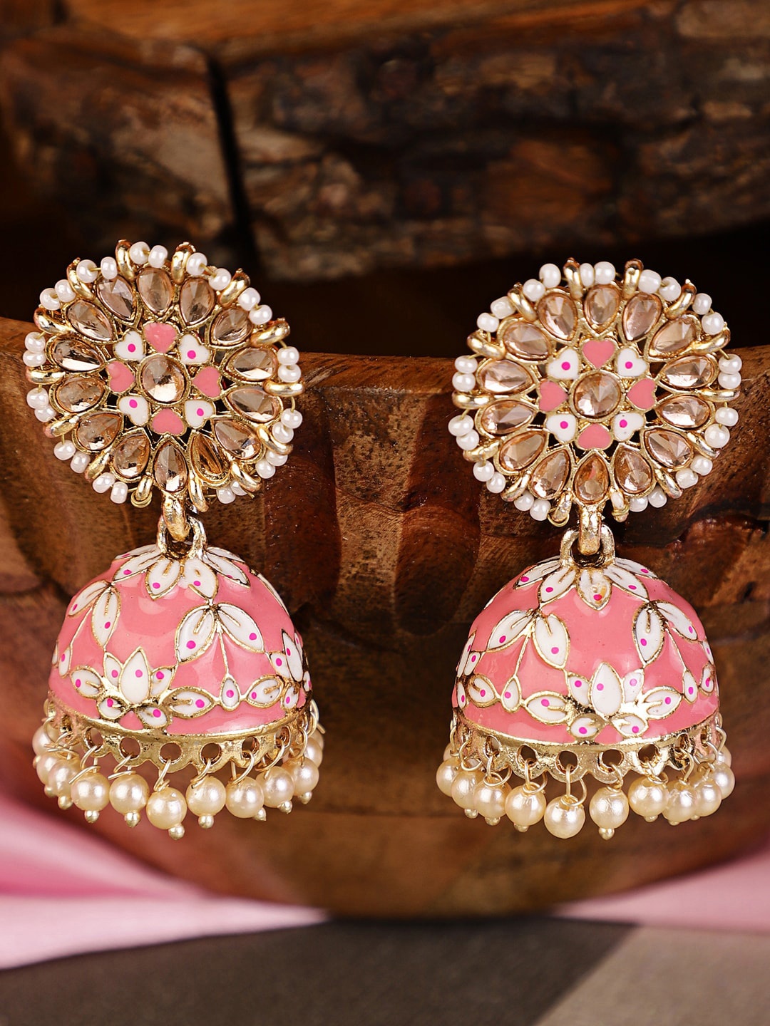 

Shining Diva Gold-Plated Pink & White Dome Shaped Jhumkas