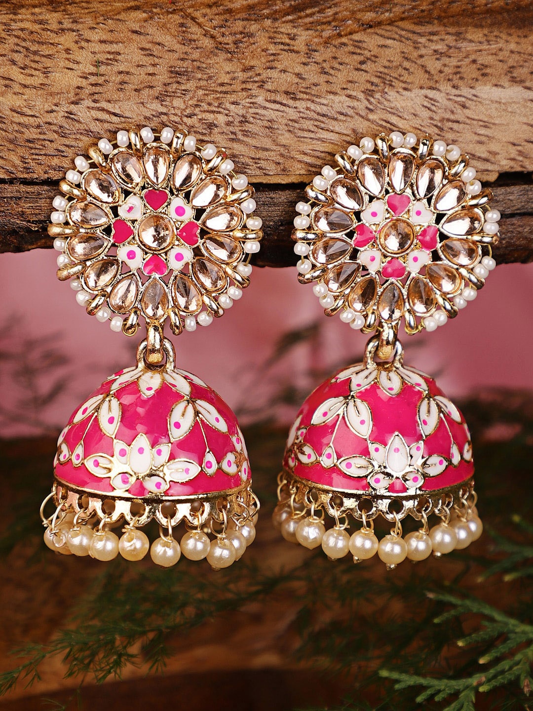 

Shining Diva Pink Meenakari Jhumkas Earrings
