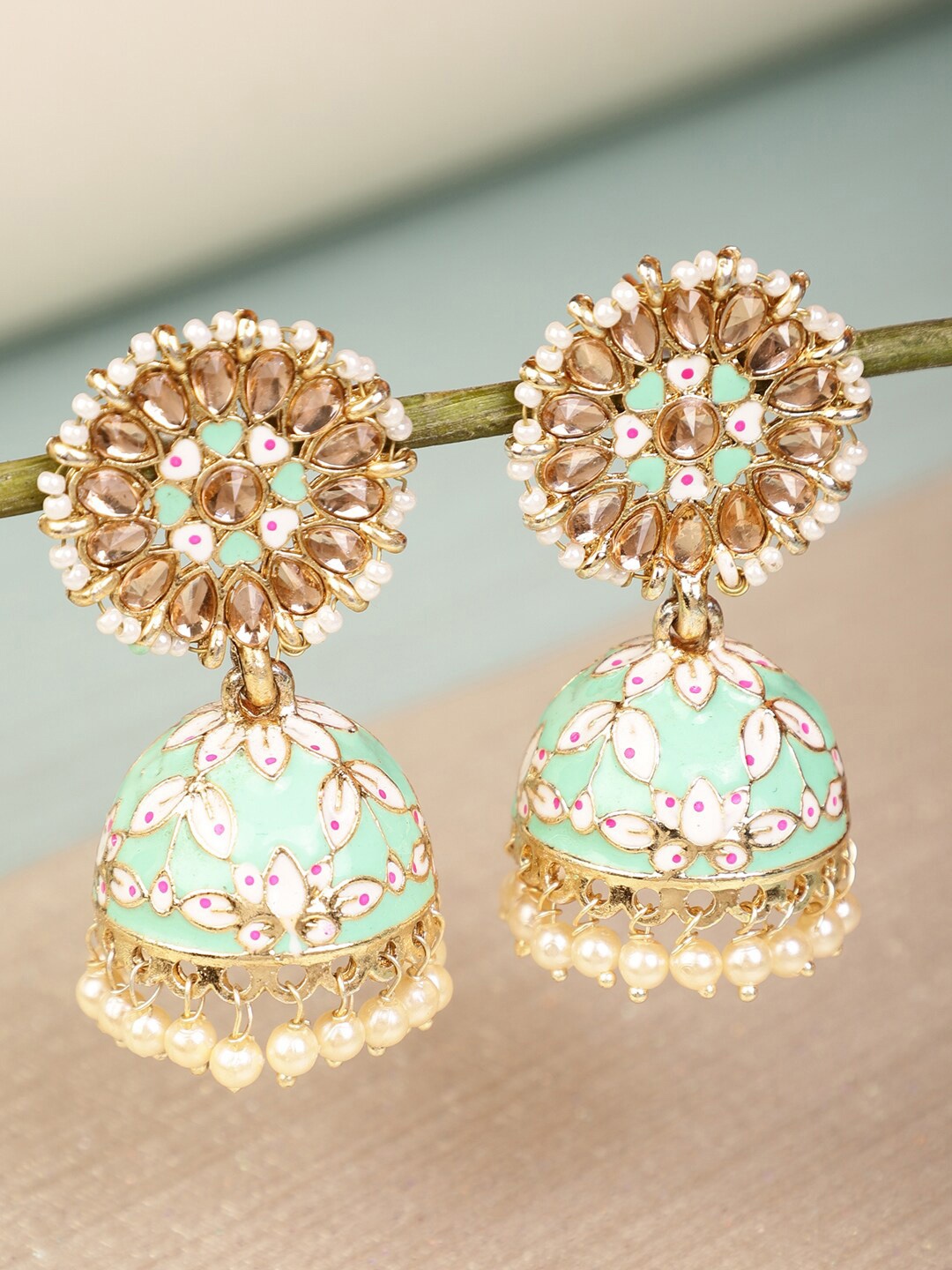 

Shining Diva Gold-Plated Sea Green & White Dome Shaped Jhumkas