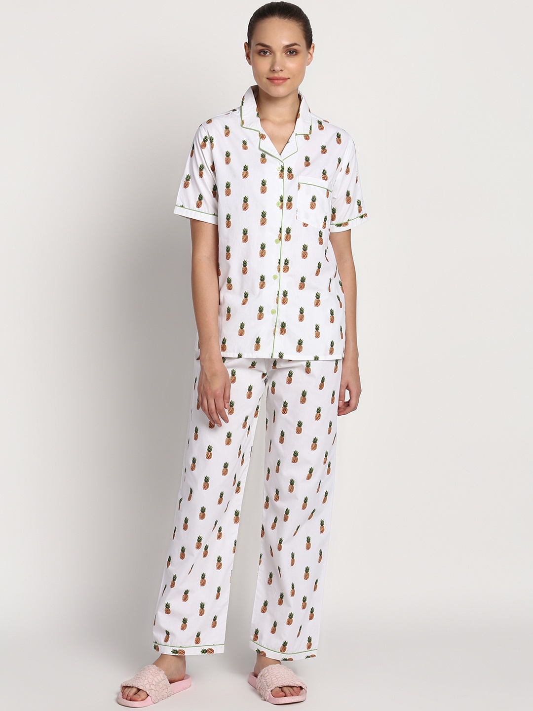

shopbloom Women White Pineapple Printed Cotton Night suit