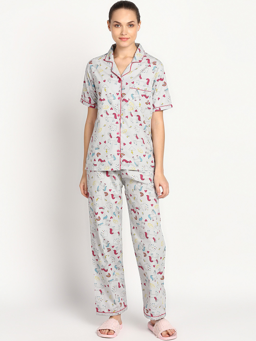 

shopbloom Women Grey & Pink Printed Night Suit