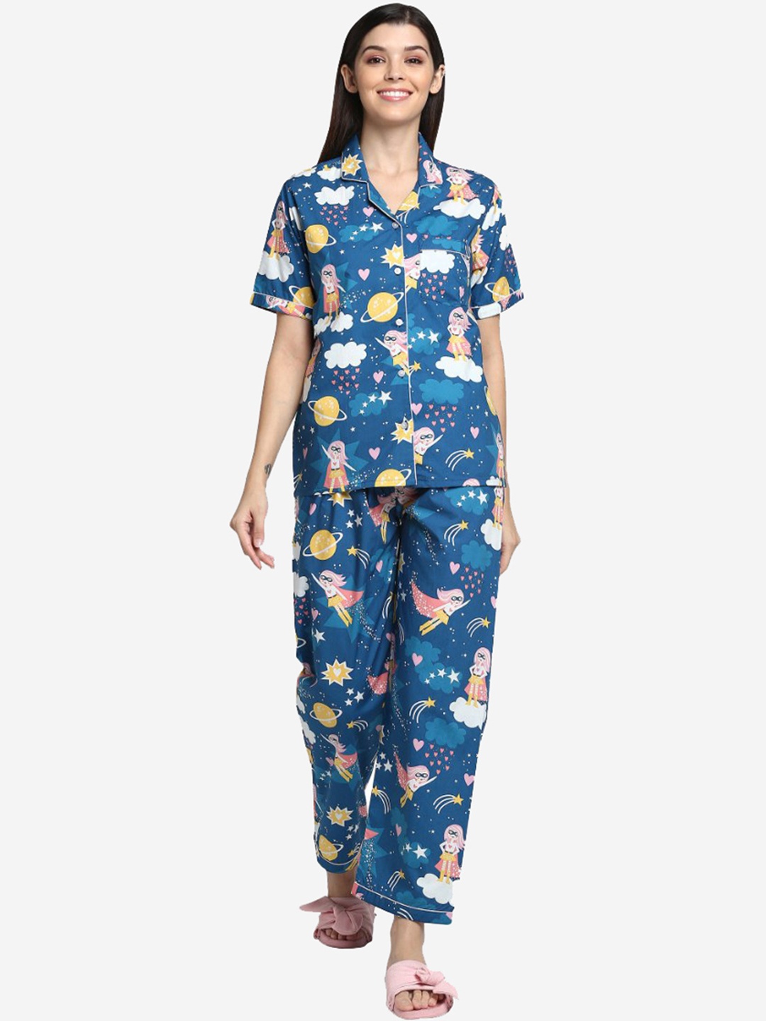 

shopbloom Women Blue & White Printed Night suit